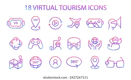 Comprehensive set of Virtual Tourism icons, capturing the essence of VR, 360-degree views, and navigation in digital exploration. Vector illustration.