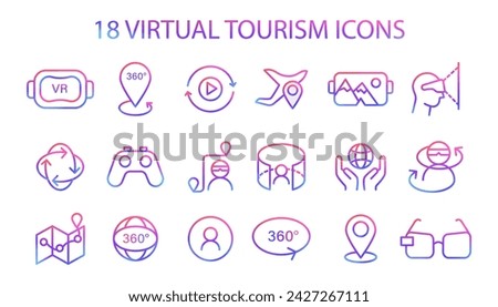 Comprehensive set of Virtual Tourism icons, capturing the essence of VR, 360-degree views, and navigation in digital exploration. Vector illustration.