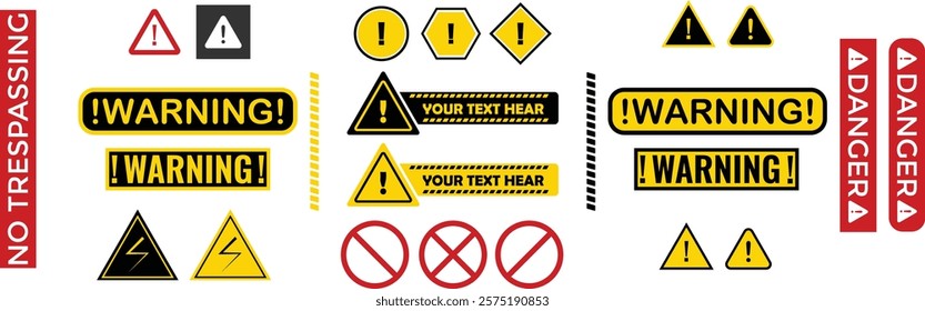 A comprehensive set of warning and danger signs, including caution symbols, no trespassing labels, hazard icons, and editable text placeholders. Ideal for safety-related designs and signage projects