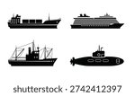 Comprehensive set of water transportation vessels cargo ship, cruise liner, freighter, and submarine. Ideal for maritime, shipping, and naval engineering design concepts