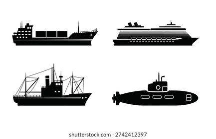 Comprehensive set of water transportation vessels cargo ship, cruise liner, freighter, and submarine. Ideal for maritime, shipping, and naval engineering design concepts