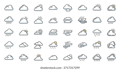 Completo conjunto de iconos de pronóstico de Clima con nubes de lluvia solar y niebla en un estilo de arte lineal simple para meteorología.