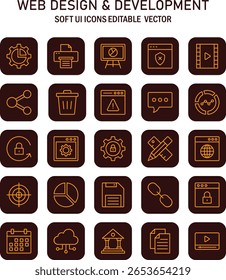 Conjunto abrangente de ícones de design e desenvolvimento da Web que exibem um tema de interface do usuário em um formato vetorial para