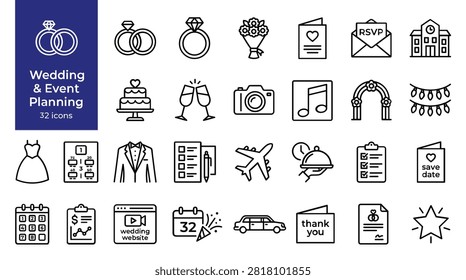 A comprehensive set of wedding and event planning line icons for professional design projects.