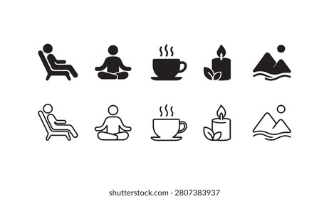 A comprehensive set of wellness and relaxation icons featuring people meditating, hot drinks, candles, and scenery in both solid black silhouette and clean linear outline styles.