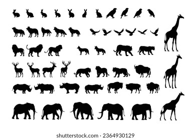  A comprehensive set of wild animal silhouettes including birds, mammals, and reptiles, ideal for educational, design, or environmental projects.