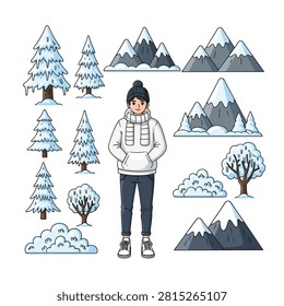 A comprehensive set of winter-themed illustrations featuring a young man in warm winter attire surrounded by snowy elements. The collection includes various snow-covered pine trees, snow-capped mountains, deciduous trees with snow, and fluffy snow piles. The character is dressed in a white hoodie, scarf, and beanie, perfect for seasonal designs, stickers, or educational materials.