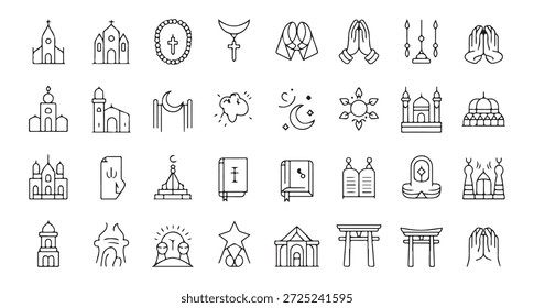 Conjunto completo de iconos lineales de religión mundial que incluyen el cristianismo, el islam, el judaísmo y los símbolos sintoístas