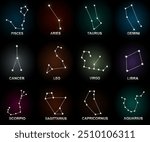 A comprehensive set of zodiac constellation vectors featuring all twelve zodiac signs with glowing stars against a dark background. Perfect for astrological designs, horoscopes, or space-themed.