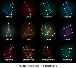 Um conjunto abrangente de vetores da constelação do zodíaco com todos os doze signos do zodíaco com estrelas brilhantes contra um fundo escuro. Perfeito para projetos astrológicos, horóscopos, ou temática espacial.