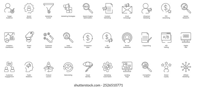 Comprehensive Settings and Marketing Icon Set Featuring Target Audience, Brand Identity, Marketing Funnel, Marketing Strategies, SEO, Content Marketing, Email Campaign, Influencer, PPC 