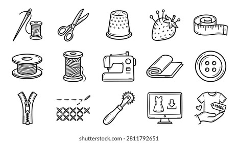 Comprehensive sewing and tailoring doodle collection including needle spool scissors thimble strawberry pincushion tape measure machine fabric button zipper cross stitch pattern tracing wheel design software clothing handmade tag icons for craft enthusiasts.