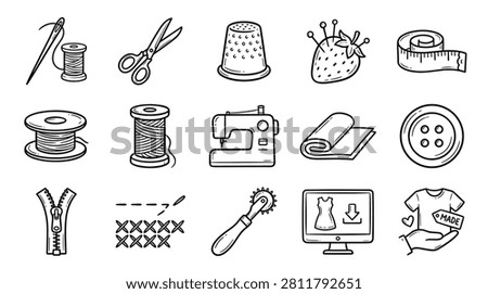 Comprehensive sewing and tailoring doodle collection including needle spool scissors thimble strawberry pincushion tape measure machine fabric button zipper cross stitch pattern tracing wheel design software clothing handmade tag icons for craft enthusiasts.