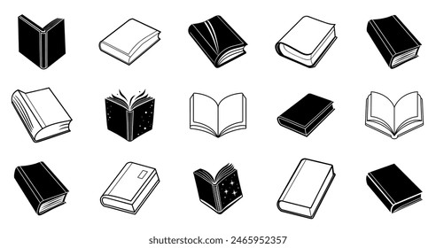 A comprehensive Shutterstock vector of a books set icon, featuring multiple styles such as stacked, open, and closed books. Ideal for educational, library, and reading-themed projects