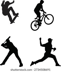 Comprehensive silhouette pack featuring skateboarder catching air on board and bmx rider performing bike stunt plus baseball batter swinging bat and pitcher throwing ball for match