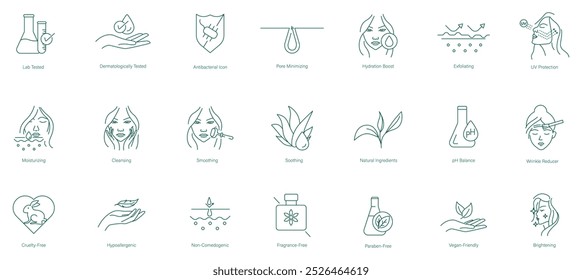 Comprehensive Skincare Icon Set: Lab Tested, Dermatologically Tested, Antibacterial, Pore Minimizing, Hydration Boost, Exfoliating, UV Protection, Moisturizing, Cleansing, Smoothing vector icon set