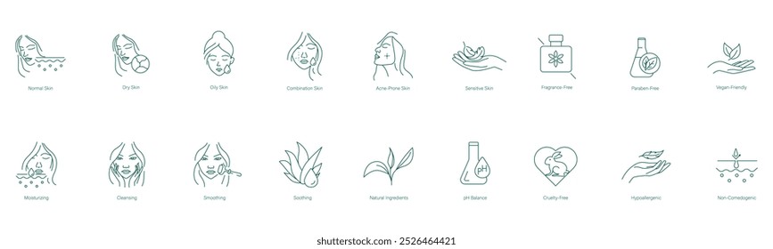 Comprehensive Skincare Icon Set: Normal, Dry, Oily Skin, Combination Skin, Acne-Prone Skin, Sensitive Skin, Fragrance-Free, Paraben-Free, Vegan-Friendly, Moisturizing vector icons 