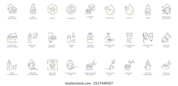 Ícones Abrangentes De Cuidados Com A Pele: Carvão Carvão Máscara Descascável, Ácido Alfa-Hidroxi, Peptídeos, Antioxidantes, Frasco De Máscara De Argila, Niacinamida, Vitamina E, Retinol, Soro Face, Recipiente De Creme Hidratante 