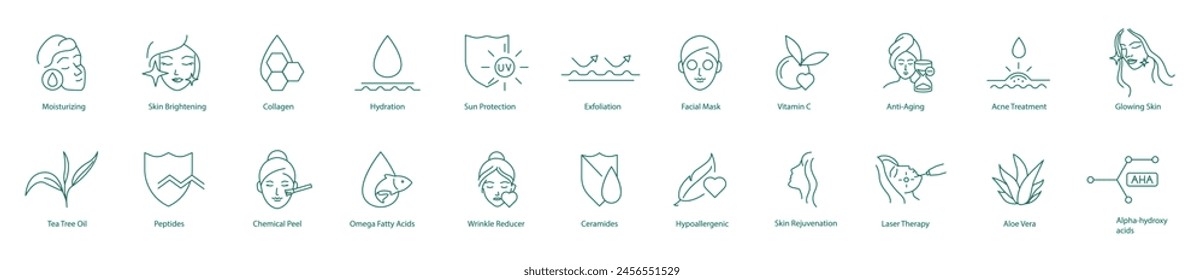 Comprehensive Skincare Solutions vector Icon Set: Moisturizing, Skin Brightening, Collagen, Hydration, Sun Protection, Exfoliation, Face Mask, Vitamin C, Anti-Aging, Acne Treatment, Glowing Skin 