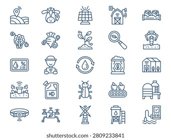 A comprehensive smart farm outline collection is displayed on a clean white background. The collection features twenty-five distinct elements with consistent dark blue lines and no color fills. Concept of modern internet of things agriculture automation, innovative sustainable greenhouse engineering, and digital remote livestock management