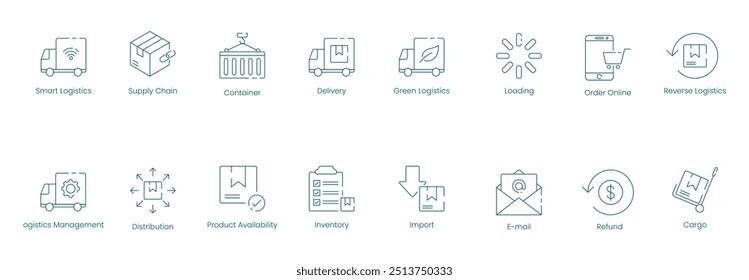 Smart Logistics Abrangente e Conjunto de Ícones de Vetor da Cadeia de Suprimento para Operações Globais e Ecológicas