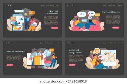 Comprehensive Social Media Content set. Timely news updates, in-depth discussions, and satirical memes. Insights into current events, conversations, and humor online. Flat vector illustration.