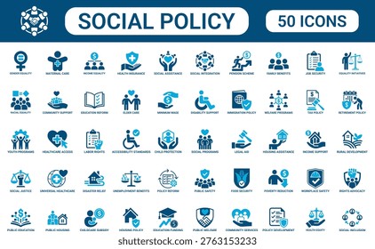Comprehensive social policy icon collection representing welfare programs, labor rights, pension schemes, minimum wage, accessibility standards, childcare support and disaster relief. Ideal for government services, public policy, nonprofit projects, community programs and social development graphics.