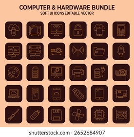 Coleção abrangente de ícones de interface do usuário soft representando componentes de hardware de computador e design vetorial de periféricos