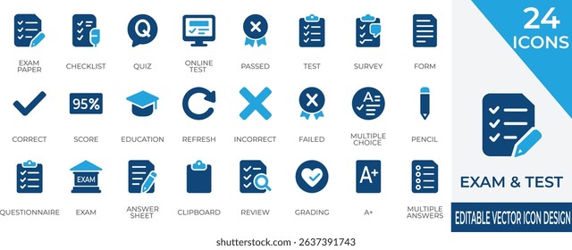 Comprehensive solid icon set covering exams, tests, quizzes, and grading essentials. Perfect for education apps, e-learning platforms, forms, and academic designs.