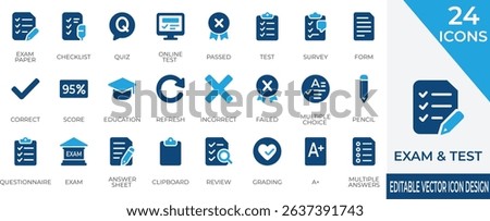 Comprehensive solid icon set covering exams, tests, quizzes, and grading essentials. Perfect for education apps, e-learning platforms, forms, and academic designs.