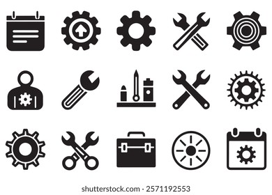 Comprehensive solid icon set with gear symbols, spanners, toolboxes, and mechanical tools, perfect for technology and maintenance themes