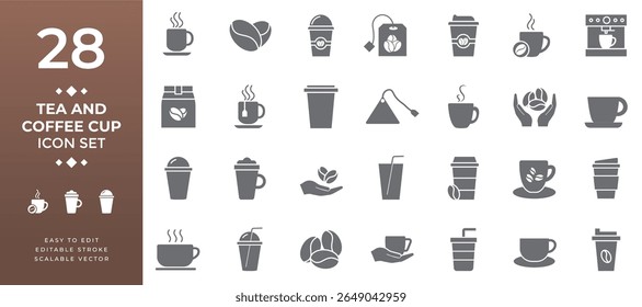 Comprehensive solid icon set for tea and coffee beverages featuring different cups beans tea bags brewing tools and accessories used in cafes restaurants and drink applications