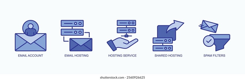 Comprehensive Solutions For Email And Hosting Services Icon Set Vector Illustration Concept With Icon Of Email Account, Email Hosting, Hosting Service, Shared Hosting, Spam Filters In Blue Style