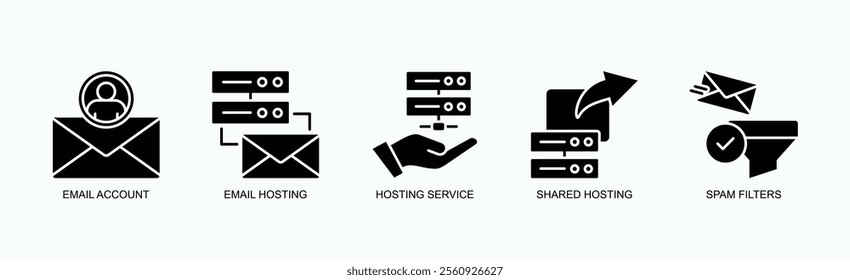 Comprehensive Solutions For Email And Hosting Services Icon Set Vector Illustration Concept With Icon Of Email Account, Email Hosting, Hosting Service, Shared Hosting, Spam Filters In Glyph Style