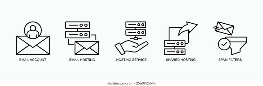 Comprehensive Solutions For Email And Hosting Services Icon Set Vector Illustration Concept With Icon Of Email Account, Email Hosting, Hosting Service, Shared Hosting, Spam Filters In Outline Style