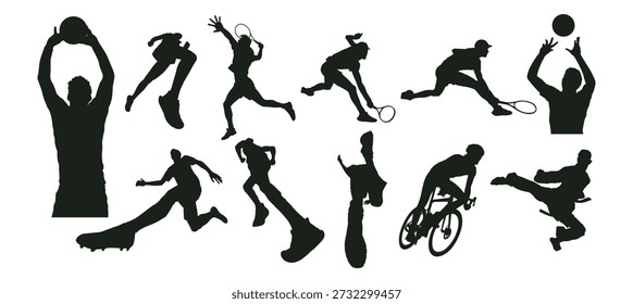 Collage completo de eventos deportivos con siluetas de jugadores de voleibol, fútbol, baloncesto, ciclismo, running y tenis. Concepto atlético dinámico para campeonatos y torneos multideportivos.