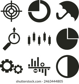 Comprehensive stock market icon set, encompassing, charts, currencies, and trading tools, facilitating diverse financial representations.