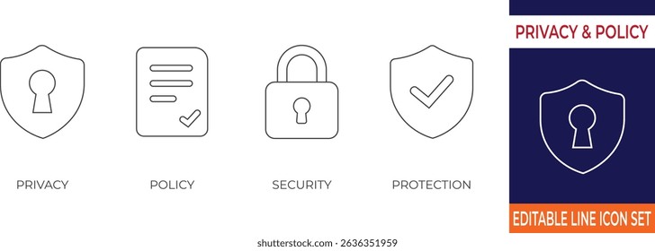 A comprehensive stroke icon set featuring symbols for privacy, security, GDPR, and data protection. Ideal for legal documents, websites, and compliance-related materials.