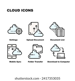 Umfassende Suite von Cloud-Icons, sorgfältig konzipiert, um alle Facetten des Cloud-Computing und des Datenmanagements abzudecken. Konfigurieren der Einstellungen in der Cloud, Nahtlose Hochladen von Dokumenten, Synchronisierung