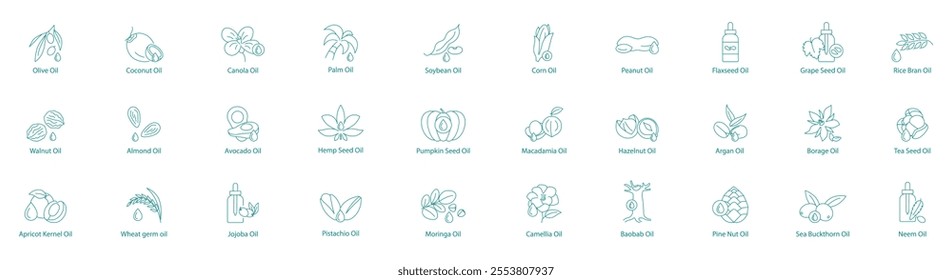 Comprehensive Superfood Oils Vector Icon Set Olive, Coconut, Canola, Palm, Soybean, Corn, Peanut, Flax Seed, Grape Seed, Rice Bran, Walnut, Almond, Avocado, Pumpkin, Macadamia, Hazelnut, Argan, Borage