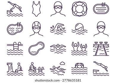 Comprehensive swimming pool safety and activity icons set featuring lifeguard, swimmers, diving, rescue, and pool rules in clean monoline black and white style