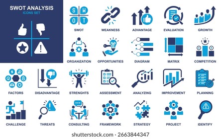 Conjunto completo de iconos de análisis FODA para la estrategia comercial y la evaluación de mercado