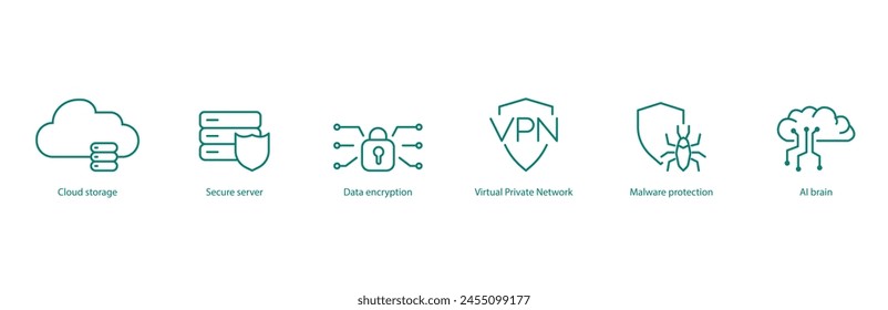 Comprehensive Tech Security Vector Icons: Cloud Storage, Secure Server, Data Encryption, VPN, Malware Protection, AI Brain svg