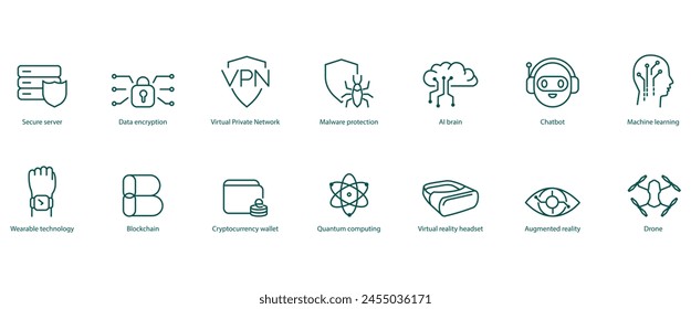 Comprehensive Tech Vector Icons: Secure Server, Data Encryption, VPN, Malware Protection, AI Brain, Chatbot, Machine Learning, Wearable Technology, Blockchain, Cryptocurrency Wallet, Quantum Computing