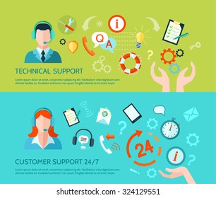 Comprehensive Technical Assistance And Round The Clock Customer Support Flat Style Horizontal Banners Isolated Vector Illustration