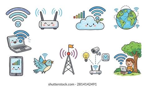 Comprehensive technology icon set featuring cute hand drawn digital elements like wifi signals router internet cloud globe laptop mobile device antenna tower and gadgets perfect for illustrating connectivity communication internet concepts and modern lifestyle themes.
