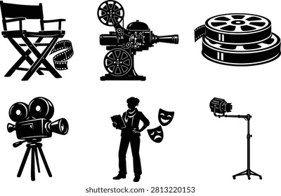 Comprehensive Theater and Cinema Silhouette Bundle Featuring Filmmaking Tools Stage Elements and Performance Artwork.