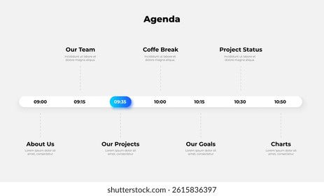 Comprehensive timeline display for an event or meeting agenda featuring time slots and topics