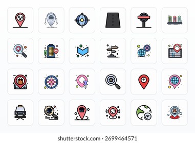 Comprehensive toolkit of 24 vector icons themed around Map, developed in Filled Line with 256x256 Pixel Optimized precision for versatile design applications.