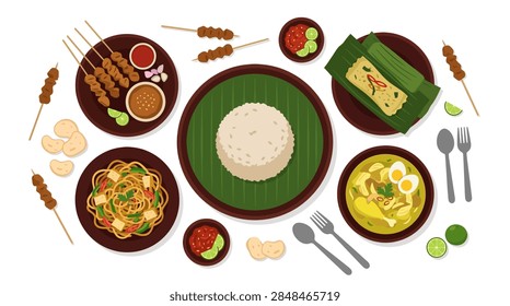 A comprehensive top-down flat vector graphic of various traditional Indonesian dishes. Central plate shows steamed white rice on a round banana leaf. Surrounding dishes include chicken sate with peanut sauce, stir-fried noodles with tofu and vegetables, a bowl of yellow chicken soup with boiled eggs, rice wrapped in banana leaves, spicy chili sambal with lime wedges, and shrimp crackers on a plain white background.